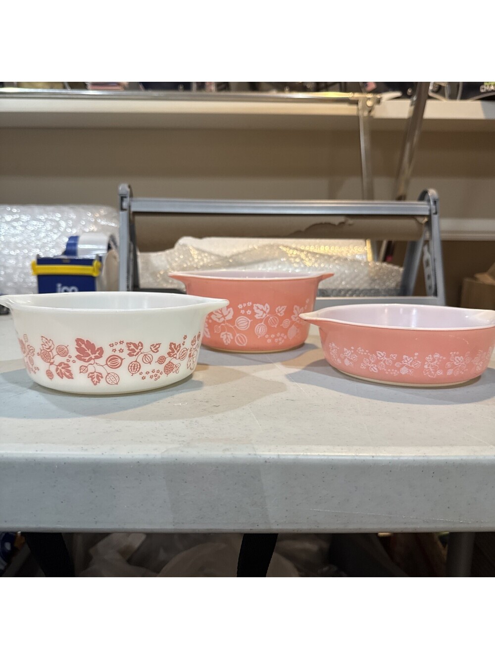 vtg Pyrex Pink Gooseberry Cinderella bowls produced between 1957 and 1966